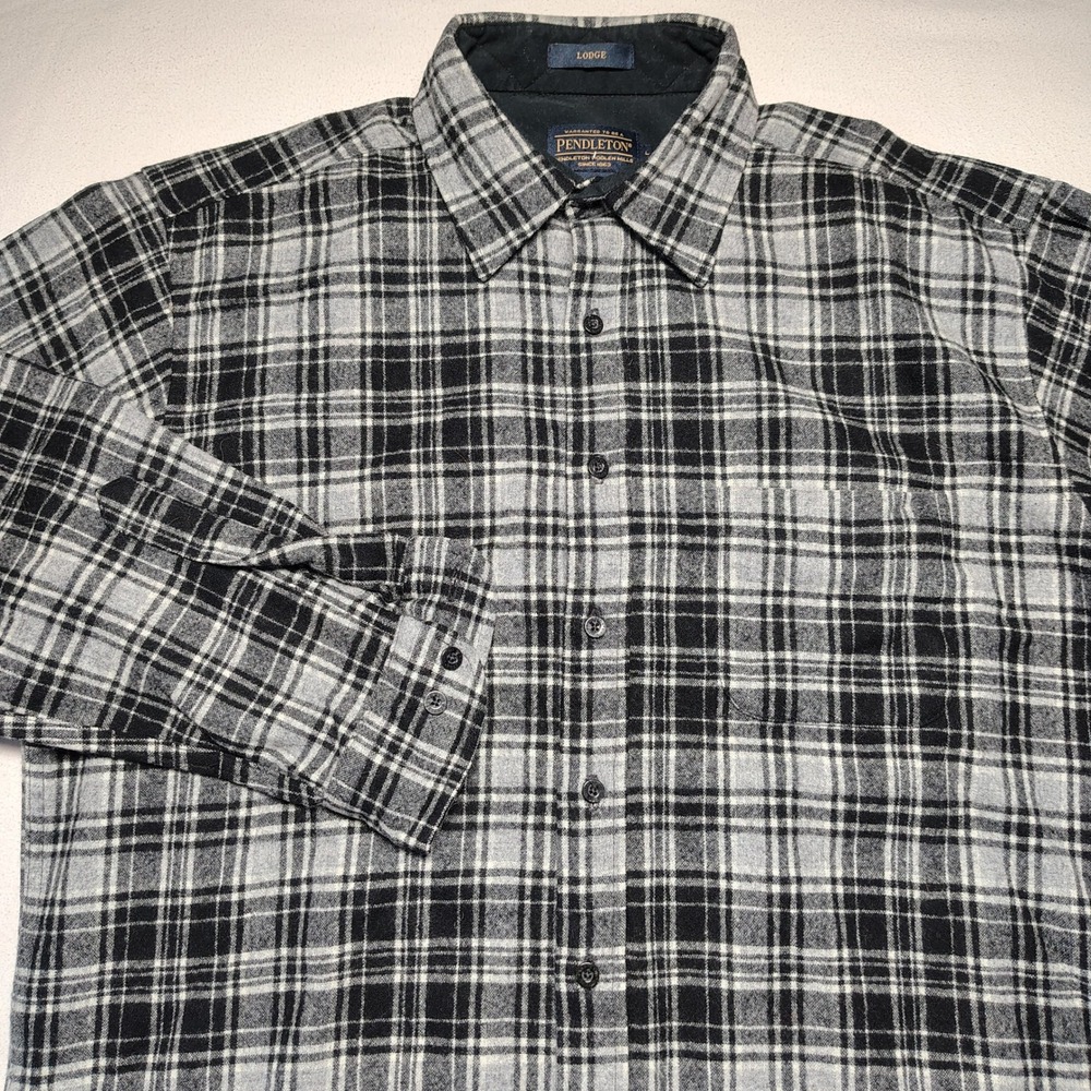 Pendleton Shirt Mens Large Grey Black Wool Plaid Button Up Drummond Tartan Lodge - Picture 2 of 7